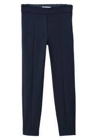 Marineblauwe leggings van rekbaar materiaal met een elastische tailleband, voorzien van platte voornaden en zonder zakken, ontworpen voor comfort.