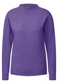 Pull en maille côtelée violet avec un col montant et des manches longues. Texture douce avec un motif constant sur l'ensemble. Pas d'accents marquants.