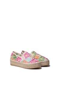 Espadrillas ricamate con un motivo floreale nei colori rosa, verde, arancione e blu su una suola in juta naturale. Design slip-on, tessuto in tela.