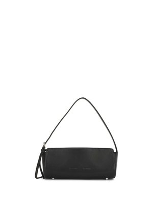 Black rectangular leather handbag with a single thin shoulder strap and silver metal feet on a white background.