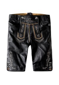 Schwarze Ledershorts mit floralem Stickerei aus silbernem Faden, mit dekorativen Knöpfen und hoher Taille.