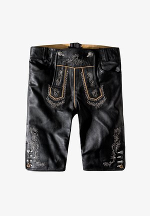 Schwarze Ledershorts mit floralem Stickerei aus silbernem Faden, mit dekorativen Knöpfen und hoher Taille.