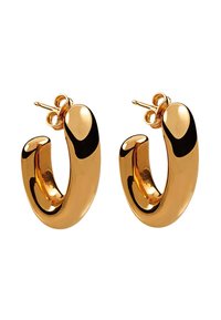 Pendientes de aro en tono dorado, con un diseño suave y redondeado de acabado brillante. Cierre sencillo con soporte posterior.