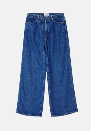 Blauwe wijde denim jeans met een elastische tailleband en een trekkoord, twee voorzakken en een losse pasvorm.