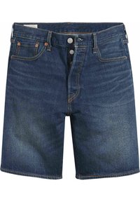 Pantalones cortos de mezclilla en azul oscuro con un diseño clásico de cinco bolsillos. Presentan herrajes de cobre en contraste y un leve desgaste en la tela.