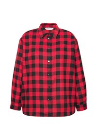 Rote und schwarze kariert Flanellshirt, mit Knopfverschluss, langen Ärmeln, spitzem Kragen, weicher Textur, mit schwarzen Knöpfen und abgerundetem Saum.