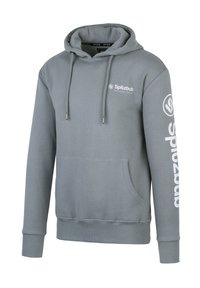 Felpa grigia con cappuccio, tasca frontale, cordino per il cappuccio e logo "Spitzbub" stampato in bianco sul petto e sulla manica destra. Materiale in misto cotone.