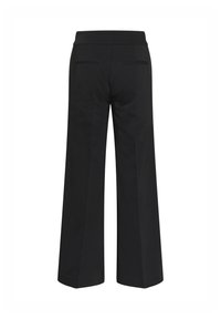 Pantaloni negri cu picioare largi dintr-un material neted, având o talie înaltă, două buzunare la spate și un design curat, minimalist.