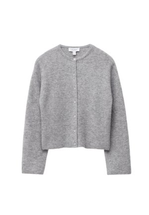 Gray cropped cardigan made of soft knit fabric, featuring a round neck, long sleeves, and buttoned front closure with light gray buttons.