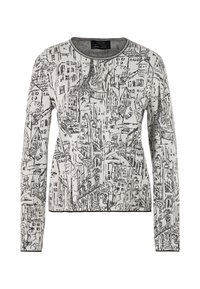 Long-sleeve sweater in cream with black cityscape print. Features a round neckline and contrasting black trim at cuffs and hem.