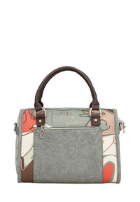 Borsa a tracolla in pelle grigia con un design strutturato, caratterizzata da motivi astratti colorati e dettagli marroni, con due manici e chiusura a zip.