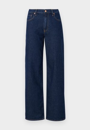 Modré denimové nohavice s širokými nohavicami a vysokým pásom, s oranžovým prešitím a kovovým zapínaním. Jednoduchý, rovný strih bez ozdôb.