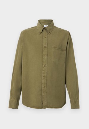 Buttoned long-sleeve olive green shirt with a pointed collar and a single chest pocket on the left side.