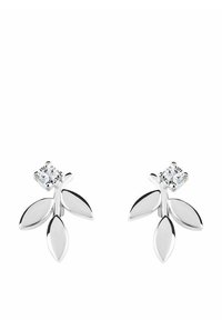 Srebrne kolczyki w kształcie liści, z małym, przezroczystym kryształem na górze, o gładkich, odbijających światło powierzchniach i subtelnym wzornictwie.