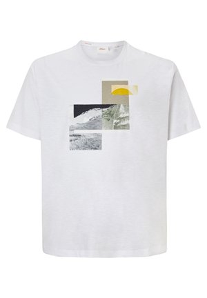 White short-sleeve t-shirt with abstract geometric print featuring a yellow semi-circle and rectangular shapes in gray, black, and green tones.