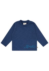 Marineblaues Langarmshirt aus weichem Material, mit hellblauen Igel- und Pilzmotiven am Saum. Klassischer runder Ausschnitt.