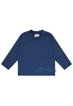 Maglietta a maniche lunghe blu navy in morbido tessuto, con disegni di ricci e funghi azzurri vicino all'orlo. Collo rotondo classico.