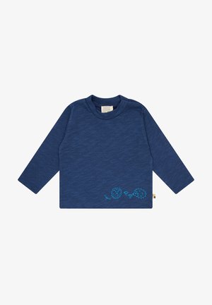 Maglietta a maniche lunghe blu navy in morbido tessuto, con disegni di ricci e funghi azzurri vicino all'orlo. Collo rotondo classico.