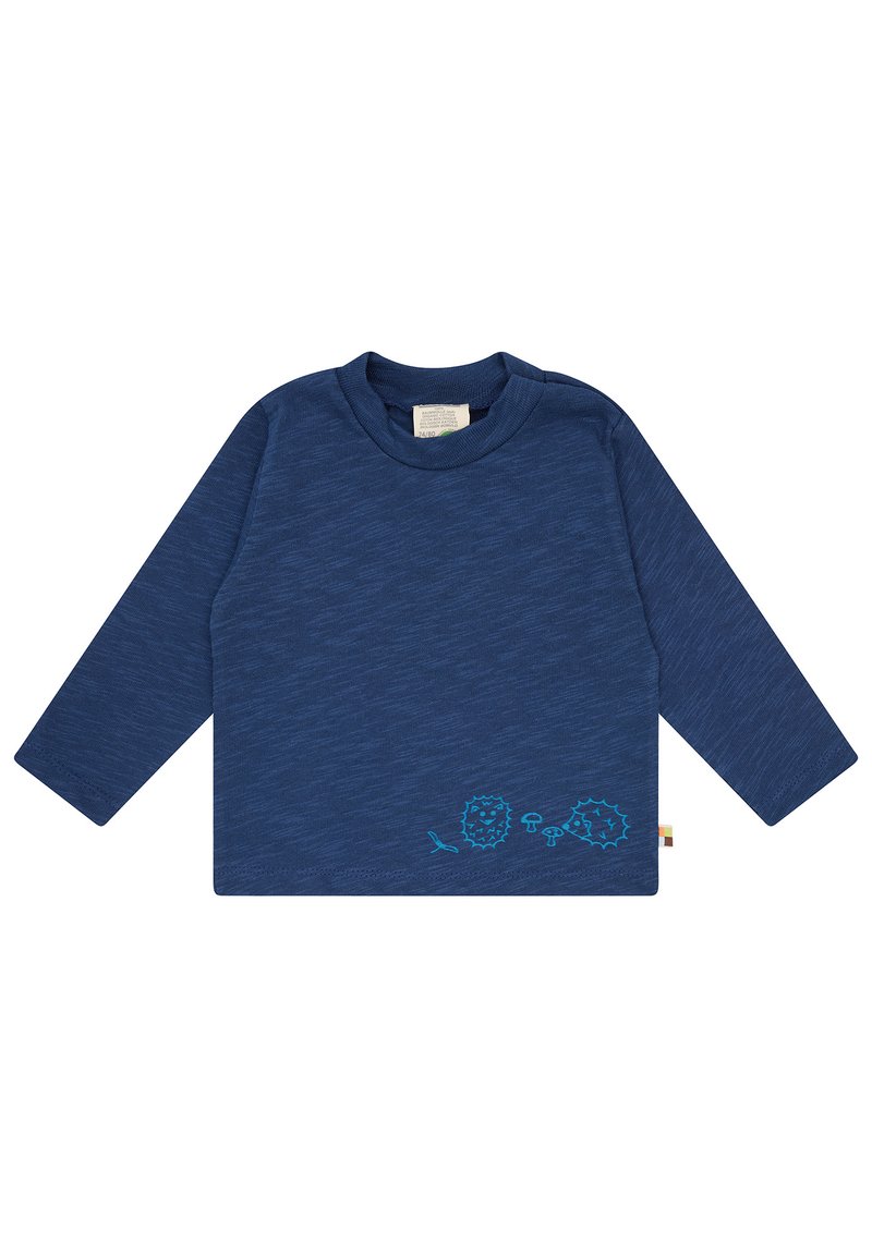 Marineblaues Langarmshirt aus weichem Material, mit hellblauen Igel- und Pilzmotiven am Saum. Klassischer runder Ausschnitt.