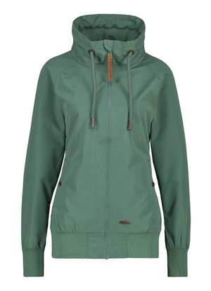 Grüne Zip-Jacke mit Kapuze, Kordelzügen, elastischen Bündchen und Saum. Verfügt über seitliche Taschen und eine glatte, wasserabweisende Oberfläche.