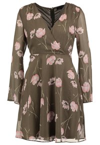 Robe portefeuille kaki à manches longues avec imprimé floral rose, taille cintrée et col en V avec fermeture éclair au dos.