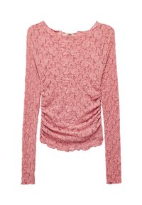 Langsleeve top in lichtroze kant, met een textuur bloemmotief, ronde halslijn en geplooide details aan de zijkanten.