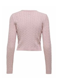 Skraćeni ružičasti džemper od pletene tkanine s dugim rukavima i okruglim izrezom, s teksturiranim uzorkom po cijelom materijalu.