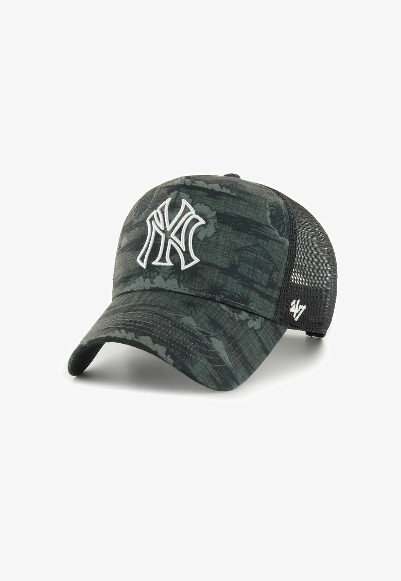Casquette de baseball à motifs noirs et gris avec le logo "NY" blanc à l'avant et dos en mesh noir avec le logo "47" sur le côté.