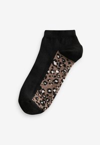 Czarna skarpetka do kostki z panelami w leoparda w odcieniach beżu i bieli. Miękka tekstura, dopasowany krój i delikatne ściągacze na górze.
