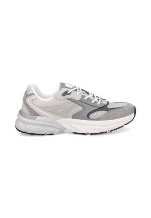 Low-top gray and white Marc O’Polo sneaker with mesh and suede panels, white laces, and thick cushioned sole.