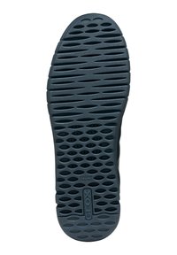 Suola di scarpa in gomma blu scuro con molteplici motivi testurizzati e aperture, caratterizzata da un prominente logo "GEOX" e un marchio di brevetto italiano.