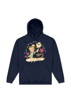 Granatowy hoodie z graphicznym nadrukiem przedstawiającym postać z kreskówki oraz palmy, z napisem "Słoneczny Blask" i "Olej Kokosowy Betty".