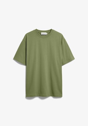 Plain olive green short-sleeve cotton T-shirt with crew neck and brand label inside the collar.