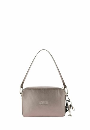 Borsa a tracolla rettangolare in metallo bronzo con logo SUN68 in rilievo e portachiavi rimovibile con moschettoni e piccole catene.