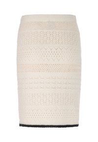 Beige Strickbleistiftrock mit komplizierten Mustern aus Spitze und Rauten, strukturiertem Stoff und einem kontrastierenden schwarzen Saum am unteren Ende.