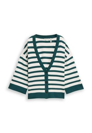 Gebreid vest met een ruime pasvorm, een diepe V-hals, een knoopsluiting aan de voorkant, witte en donkergroene horizontale strepen en driekwart mouwen.