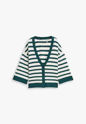 Gebreid vest met een ruime pasvorm, een diepe V-hals, een knoopsluiting aan de voorkant, witte en donkergroene horizontale strepen en driekwart mouwen.