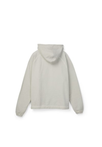 Sweat à capuche gris clair uni vu de dos avec manches longues et poignets côtelés.