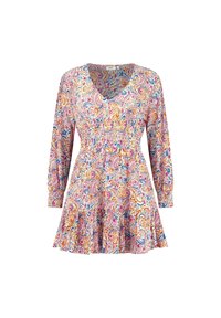 Vestido de colores con patrón, escote en V, mangas largas, cintura elástica y falda acampanada. Presenta un intrincado diseño de paisley en tonos vivos.