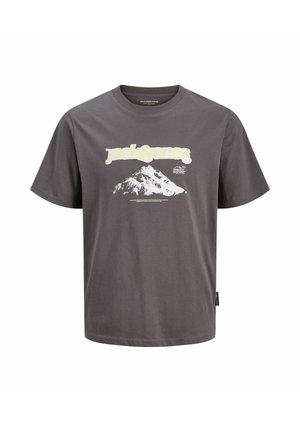 Graues Baumwoll-T-Shirt mit weißem Bergmotiv und gelbem "jack&jones" Schriftzug. Klassischer Rundhalsausschnitt und kurze Ärmel.