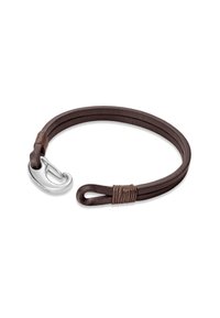 Bracciale in pelle marrone con fili intrecciati, dotato di una chiusura in metallo argentato e dettagli avvolti per una chiusura sicura.