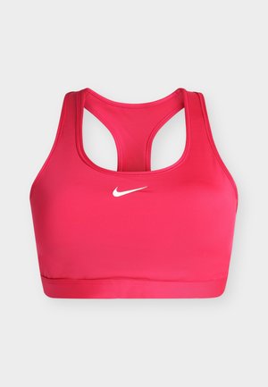 Élénk rózsaszín Nike sportmelltartó racerback kialakítással és fehér Nike swoosh logóval elöl középen.