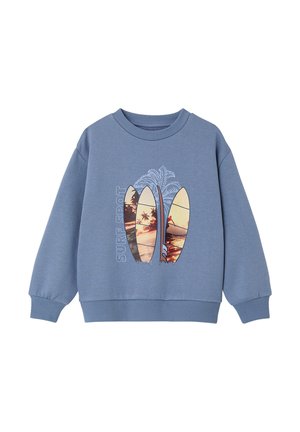 Blue sweatshirt with three surfboards showing sunset beach and surfer graphics and the text "SURF SPOT" alongside a palm tree.