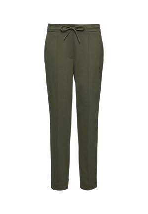 Pantaloni verde oliva realizzati in un materiale morbido e elastico. Presentano una vita con coulisse, gambe affusolate e una sottile cucitura frontale decorativa.