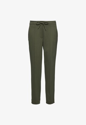 Olivgrüne Hosen aus einem weichen, dehnbaren Material. Mit einem Kordelzugbund, schmal zulaufenden Beinen und subtilen Vordernahtdetails.
