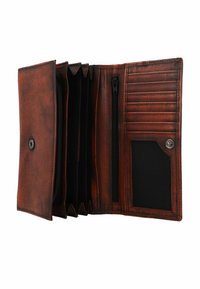 Portefeuille en cuir marron avec plusieurs emplacements pour cartes, poche zippée et porte-ID en maille. Dispose d'une fermeture à pression et d'un intérieur texturé.