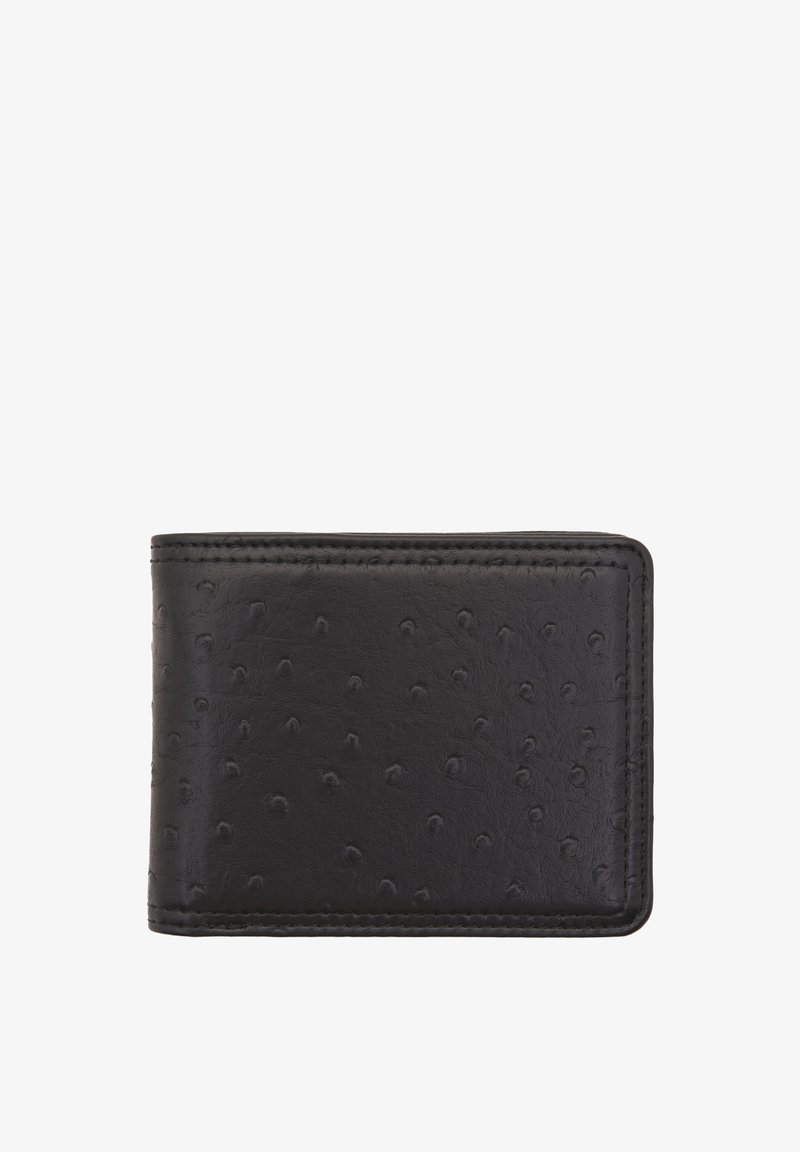 Black leather wallet with a textured, pebbled surface, featuring rounded accents and contrasting stitching along the edges.