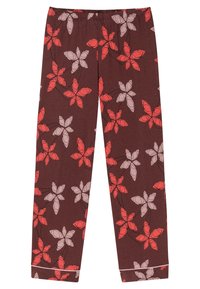 Pantalones de pijama marrones con un estampado floral que presenta hojas rojas y rosas claras. Cintura elástica y puños ajustados en la parte inferior.