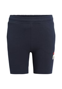 Pantaloni sportivi blu navy realizzati in tessuto elastico, con un elastico in vita e un piccolo logo multicolore sul lato inferiore.