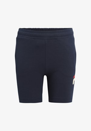 Marinblå atletiska shorts gjorda av stretchigt material, med ett elastiskt midjeband och en liten flerfärgad logotyp på den nedre sidan.